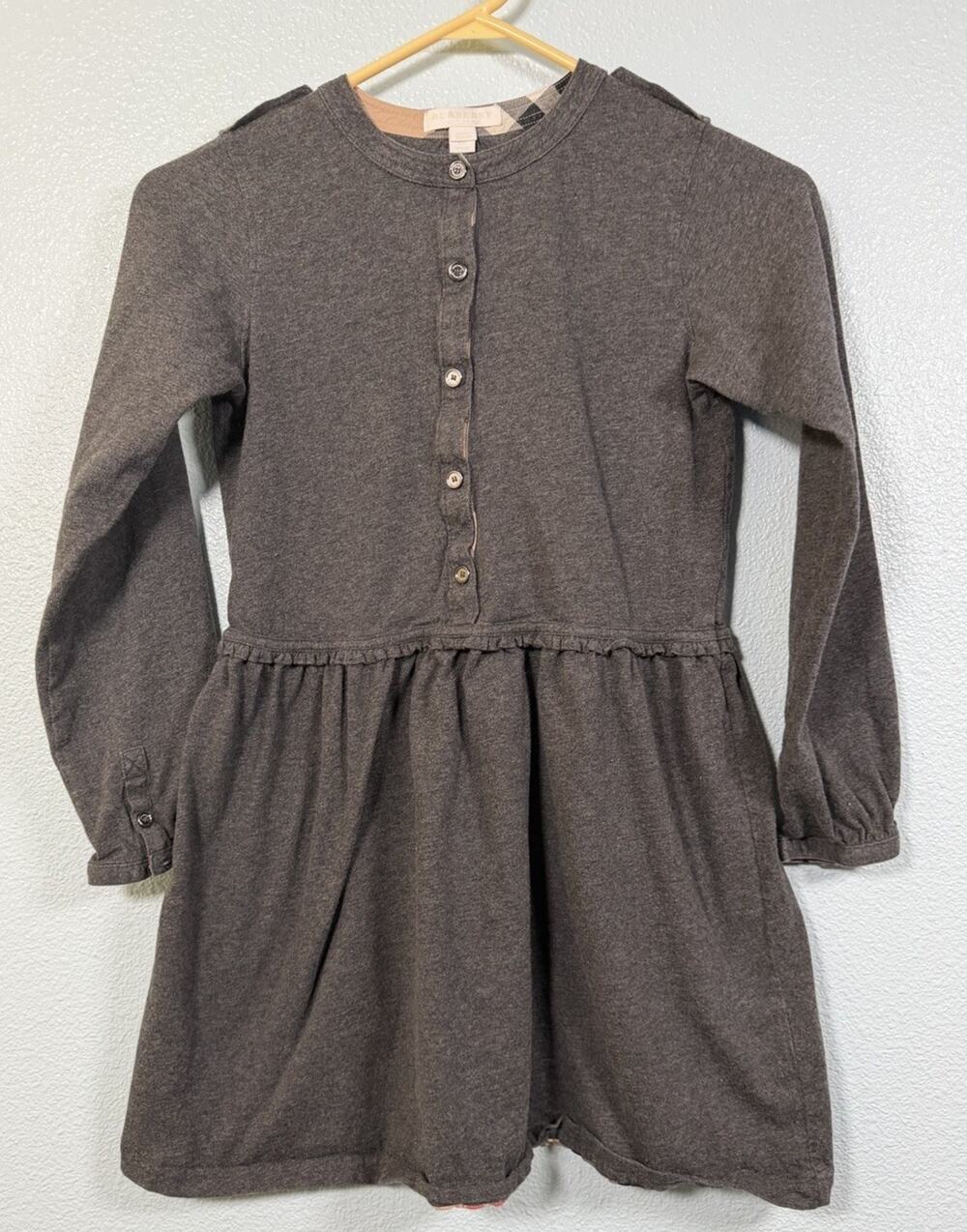 Burberry Girls Gray Cotton Dress Size 12Y 152cm Check Trim Long Sleeve